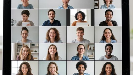 Diverse group of professional men and women engaging in a large virtual video conference call on a computer screen for global online meeting footage. - Powered by Adobe