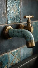 Aged, teal-colored faucet on dark blue mosaic tile