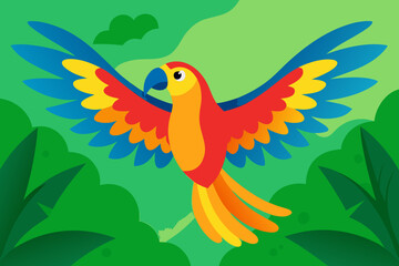 Vibrant macaw parrot flying amidst lush green jungle foliage