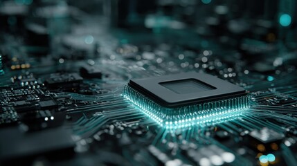 Close-up View of a Computer Microprocessor on a Circuit Board With Glowing Connections in a Technology Lab Setting