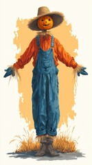 Fototapeta premium Scarecrow with a pumpkin head stands in a field decorated for autumn festivities near an orange backdrop