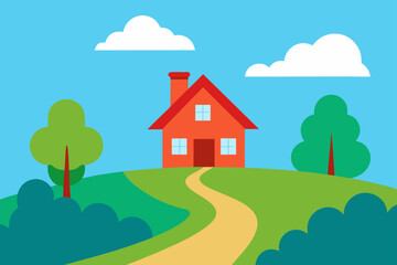 Cozy orange house on a hill with winding path and green trees