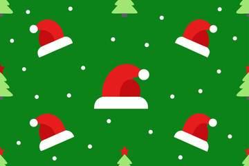 Festive christmas pattern with santa hats and trees