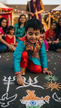 An Indian child in traditional Indian attire draws trisula and freedom symbols on the pavement on India's Independence Day