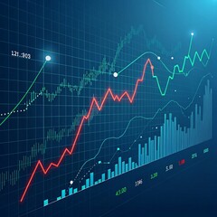 Fototapeta premium Digital graph of stock market trends with red and green lines on dark blue grid. Modern design with depth, data overlays, and glowing elements for financial analysis visuals.