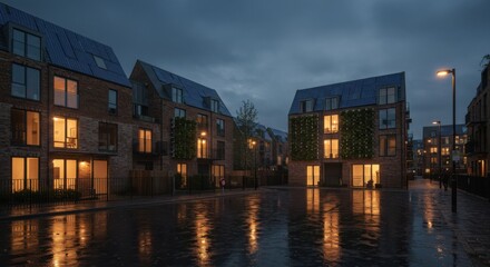 Naklejka premium Rainy night scene in a modern sustainable UK residential neighborhood