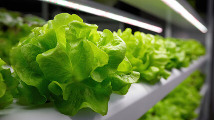 Fresh green lettuce growing in modern indoor hydroponic farm with bright LED lights creating vibrant atmosphere