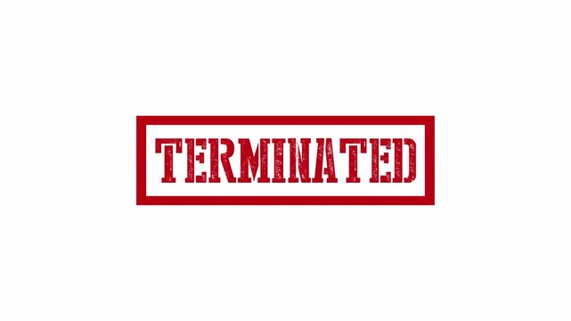 terminated red stamp animation on white background for contracts, job files, and document rejections