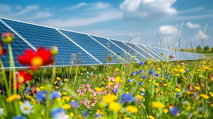 Solar panel farm in flower field renewable energy sustainable power generation clean energy solar technology