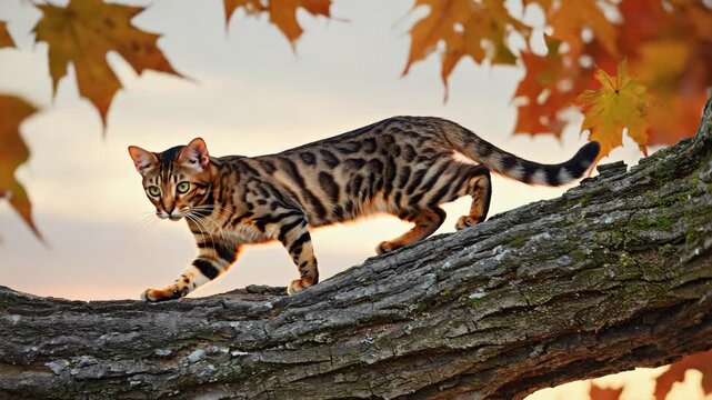 Photorealistic, Bengal cat climbing a tree, sharp claws gripping the bark, golden sunset filtering through leaves, focused expression, dynamic action shot
