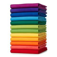 Stack of folded colorful fabrics arranged in a spectrum order on a white isolated background view