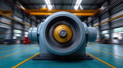 Industrial machine with spinning rotor in factory workshop with motion blur effect creating dynamic energy