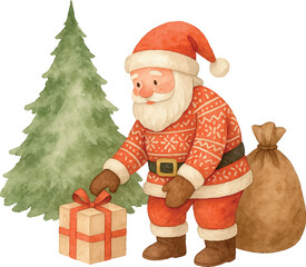 Vector Cute watercolor Santa Claus in a red sweater placing a gift under the Christmas tree in Scandinavian style. Festive illustration with a gift sack and cozy holiday vibes