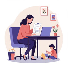 Illustration of a mother working on a laptop at home while her young daughter plays nearby, highlighting work-life balance and remote work.