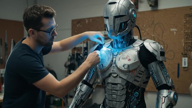 A man repairs a humanoid robot in an innovative workshop.