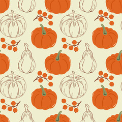 Seamless pattern with colorful autumn leaves, berries. Vector background for Thanksgiving Day.	
