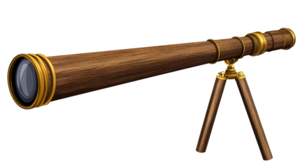 Wooden telescope with tripod on transparent background