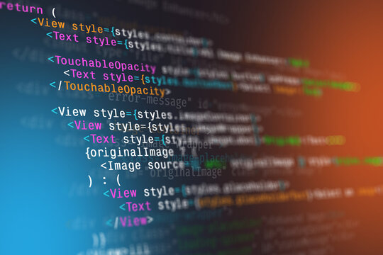 Programming code background with colorful syntax highlighting, blurred depth, and gradient lighting. Abstract computer software coding screen.

