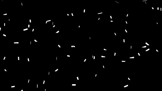 Animation of white colour confetti falling down on black background. Paper scraps, paper ribbons, celebration strips, party poppers falling down. Celebration Background.