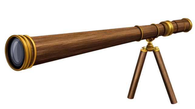 Wooden telescope with tripod on transparent background
