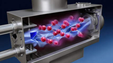 Molecular structure inside metallic scientific device with glowing blue energy and red atoms, futuristic technology concept