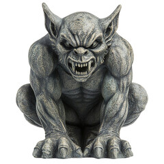 Front view of a crouching gargoyle with a snarling wolf-like face isolated on a white transparent background