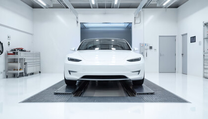 Sleek white autonomous electric car elevated in bright modern automotive workshop. Advanced engineering, precision machinery, clean interior design showcase vehicle maintenance, repair, innovation in