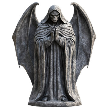 Front view of a faceless gargoyle with a blank stone visage and flowing robes isolated on a white transparent background