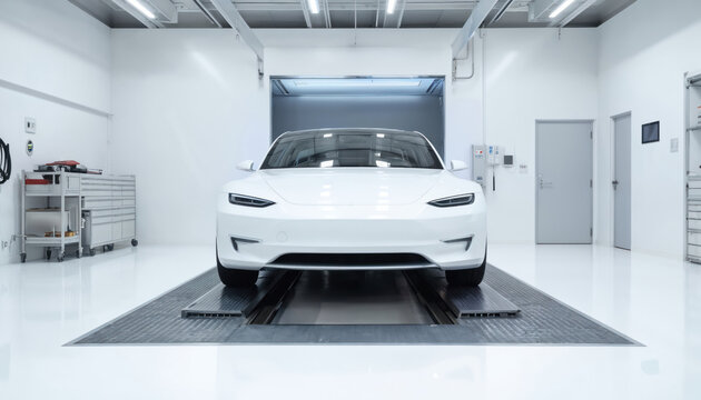 Sleek white autonomous electric car elevated in bright modern automotive workshop. Advanced engineering, precision machinery, clean interior design showcase vehicle maintenance, repair, innovation in