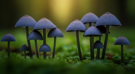 Fototapeta premium A cluster of small blue mushrooms growing on a mossy forest floor creating a magical scene