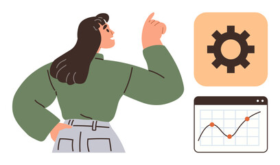 Professional analyzing progress chart and gear icon symbolizing innovation, growth, data insights, and optimization. Ideal for business strategy, analytics, teamwork, leadership, goal setting