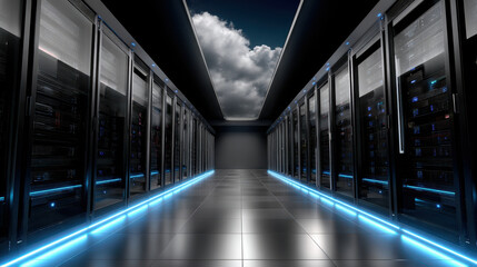 Data center corridor with server racks and futuristic blue lighting under cloudy sky ceiling, creating high tech atmosphere