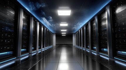 Data center corridor with server racks and futuristic lighting creating high tech atmosphere in clean environment