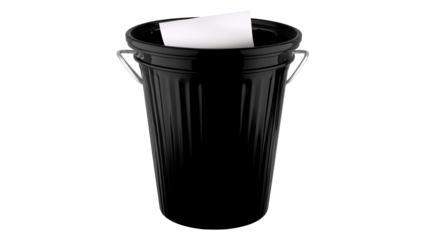 Black trash can with paper on a transparent background