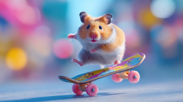 funny hamster rides a tiny skateboard, balancing with a playful expression, showcasing a whimsical and humorous animal adventure