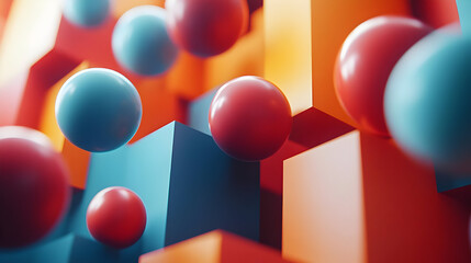 Abstract 3D Render Blue Red Orange Spheres Cubes Background