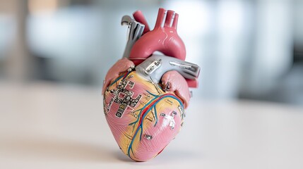 Anatomical Heart Model Displayed on Table with Surgical Instruments in Soft Focus Background for Medical Education
