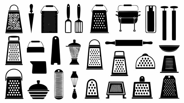 Illustration of various kitchen utensils including graters, spatulas, and other cooking equipment items silhouette