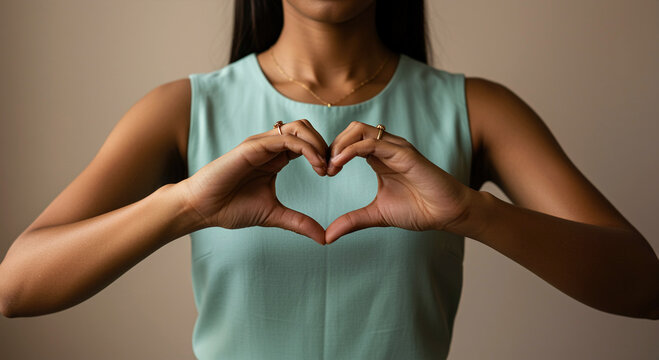 Woman making a heart shape with her hands in front of a light green sleeveless shirt and neutral background