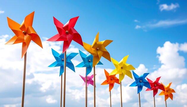 Colorful Pinwheels Turning Under a Sunny Blue Sky with Clouds