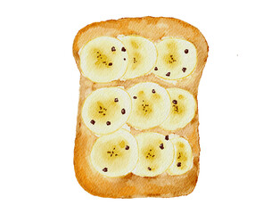 A slice of toast topped with slices of banana and a sprinkle of chocolate bar in watercolor style