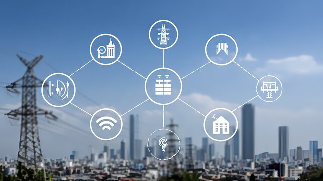 Modern Urban Landscape with Smart Technology Icons and Power Lines in the Background