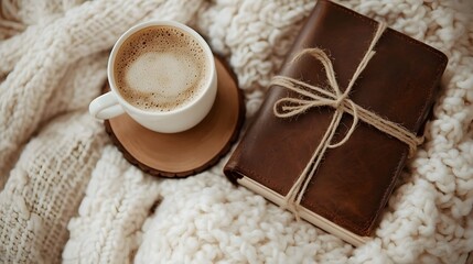 Cozy Autumn Scene with Coffee Cup and Leather Journal on Soft Knit Blanket for Relaxation and Inspiration
