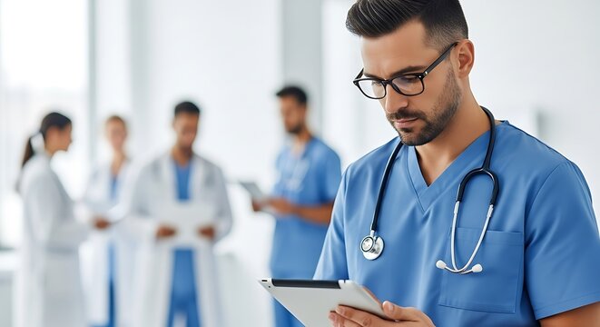 Focused doctor in blue scrubs reviews patient data on tablet with colleagues behind