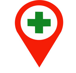 map pointer icon with cross hospital symbol on white background