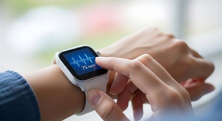 Person checking health data on a modern smartwatch with a bright screen