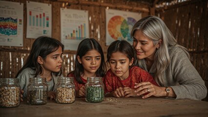 A woman and three girls examining jars of seeds on a wooden table in a rustic setting indoors