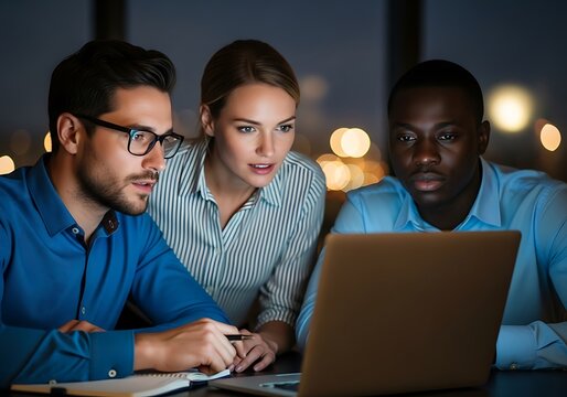Diverse team collaborates intently on a laptop late at night