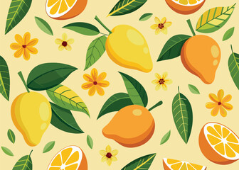 Obraz premium Seamless pattern of mangoes oranges flowers and leaves for textile or wallpaper design 