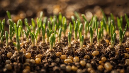 A close up view of sprouting seeds with roots and green shoots emerging from the dark soil ground